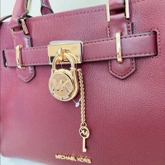 MICHAEL KORS HAMILTON SMALL SATCHEL‎ KEY LOCK CROSSBODY BAG MERLOT